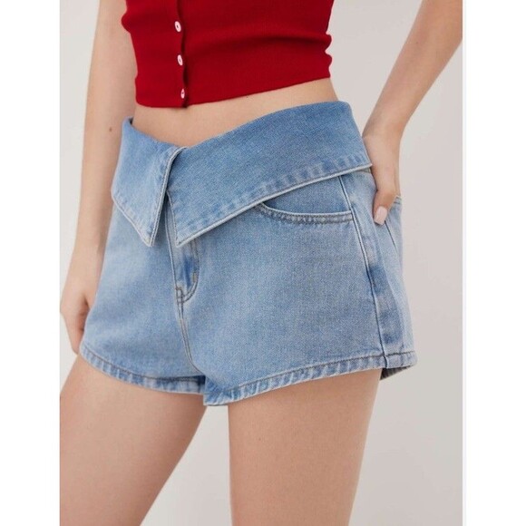 VTG 80s Project B Sz S High-waisted Mini denim shorts Fold Over Wide Leg BOHOO - Picture 6 of 6